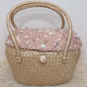 Vintage Olympic Accessory‎ Beaded Pink Woven Basket Small Clutch Handbag